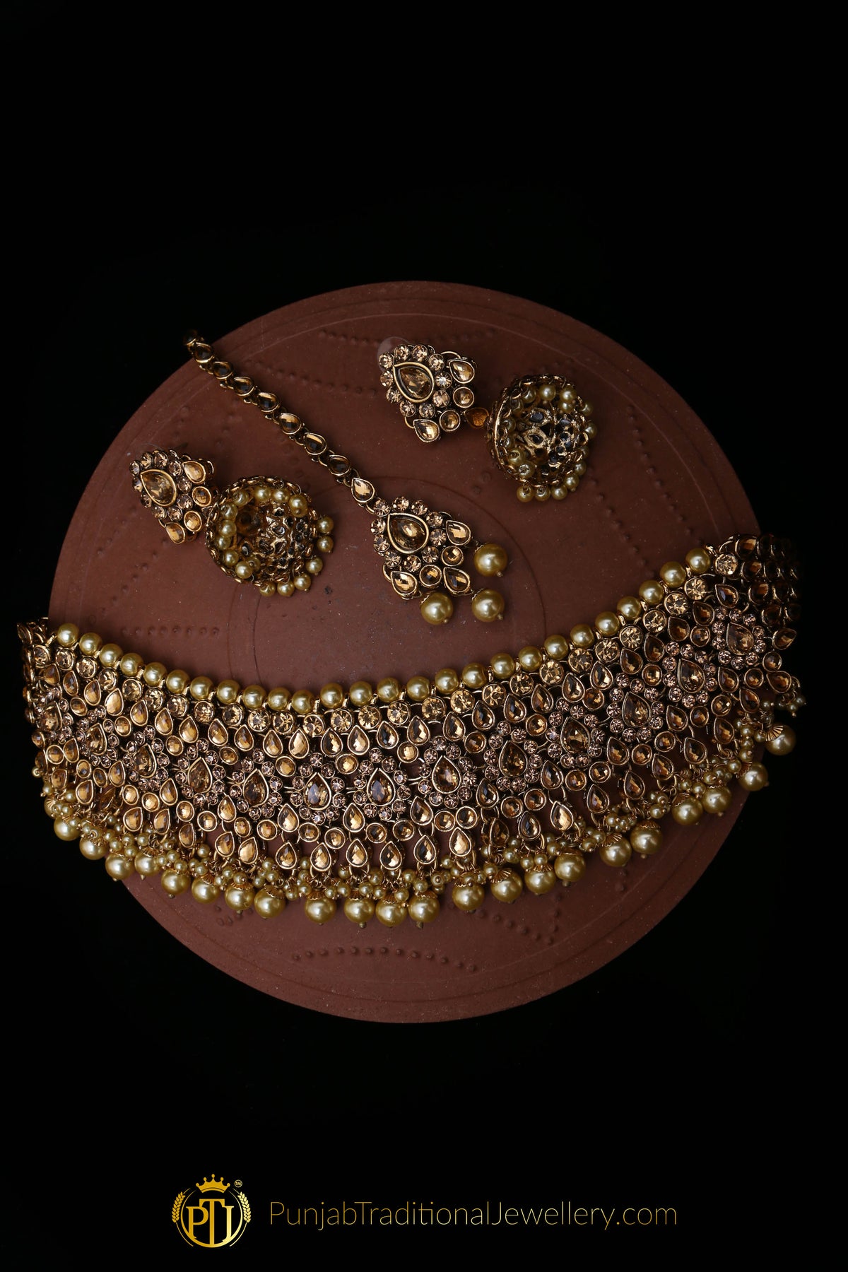 Golden Kundan Stone Pearl Necklace Set By Punjabi Traditional Jewellery