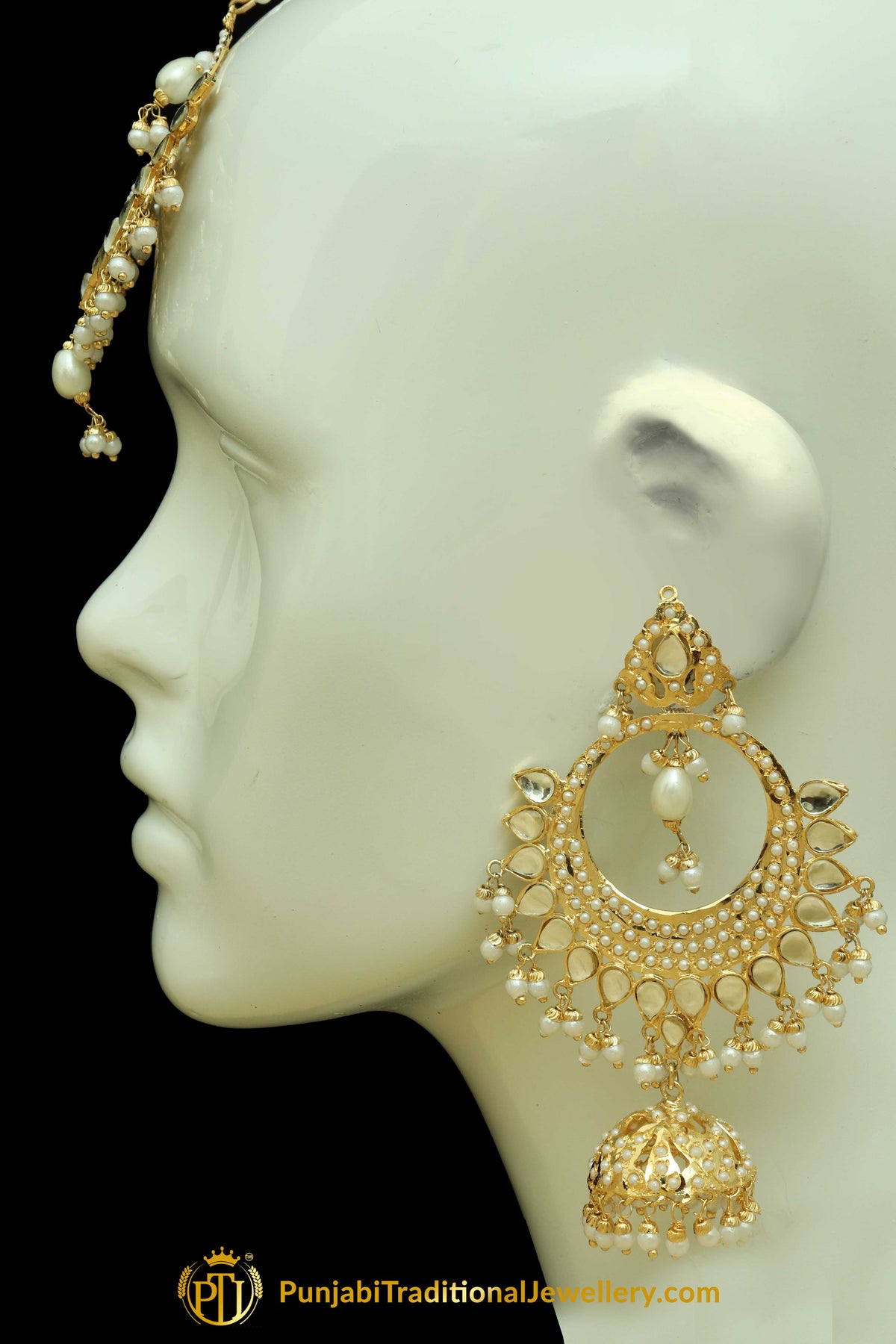 Golden Jadau Pearl Earring Tikka Set By Punjabi Traditional Jewellery