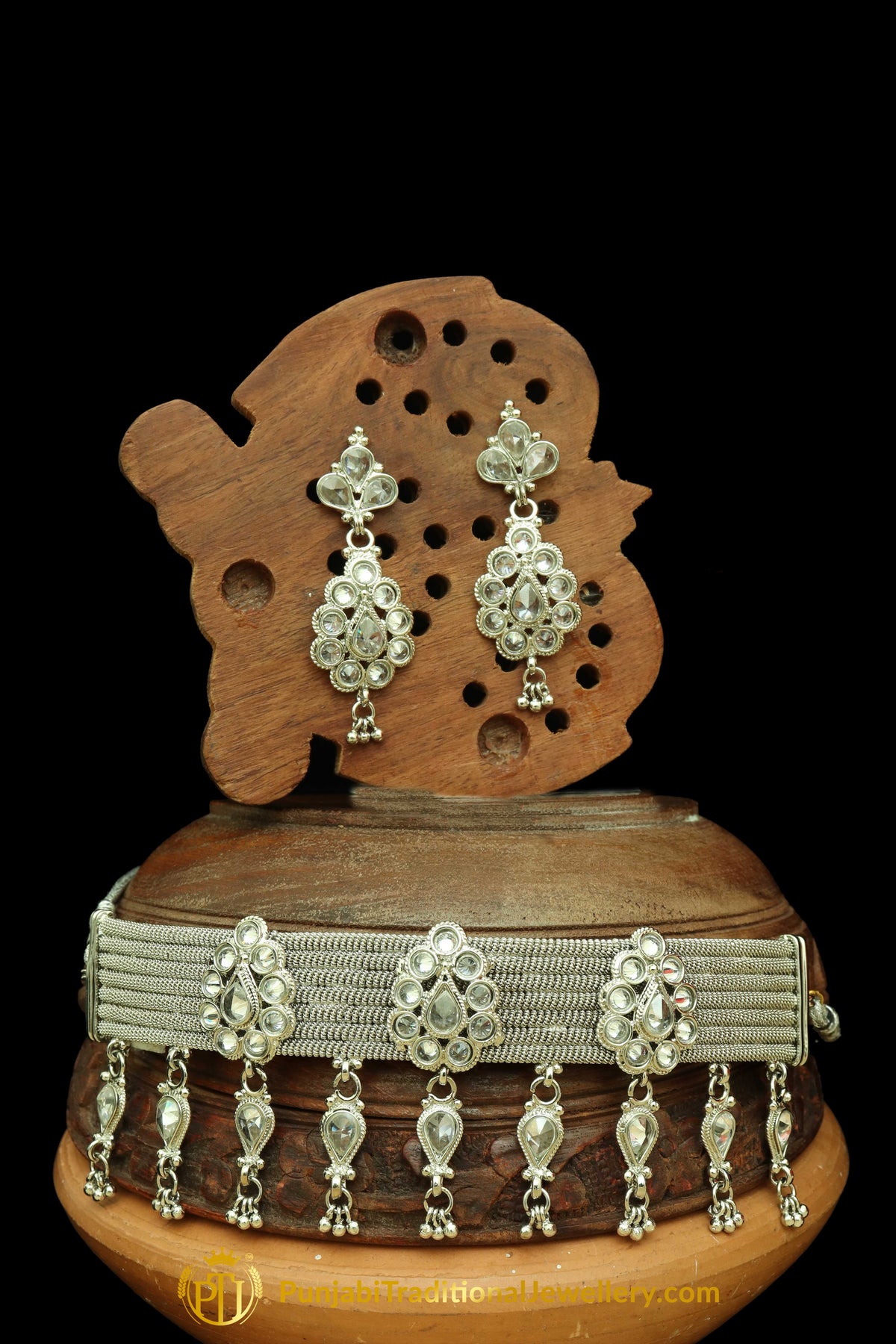 Silver Plated Polki Choker Necklace Set By Punjabi Traditional Jewellery