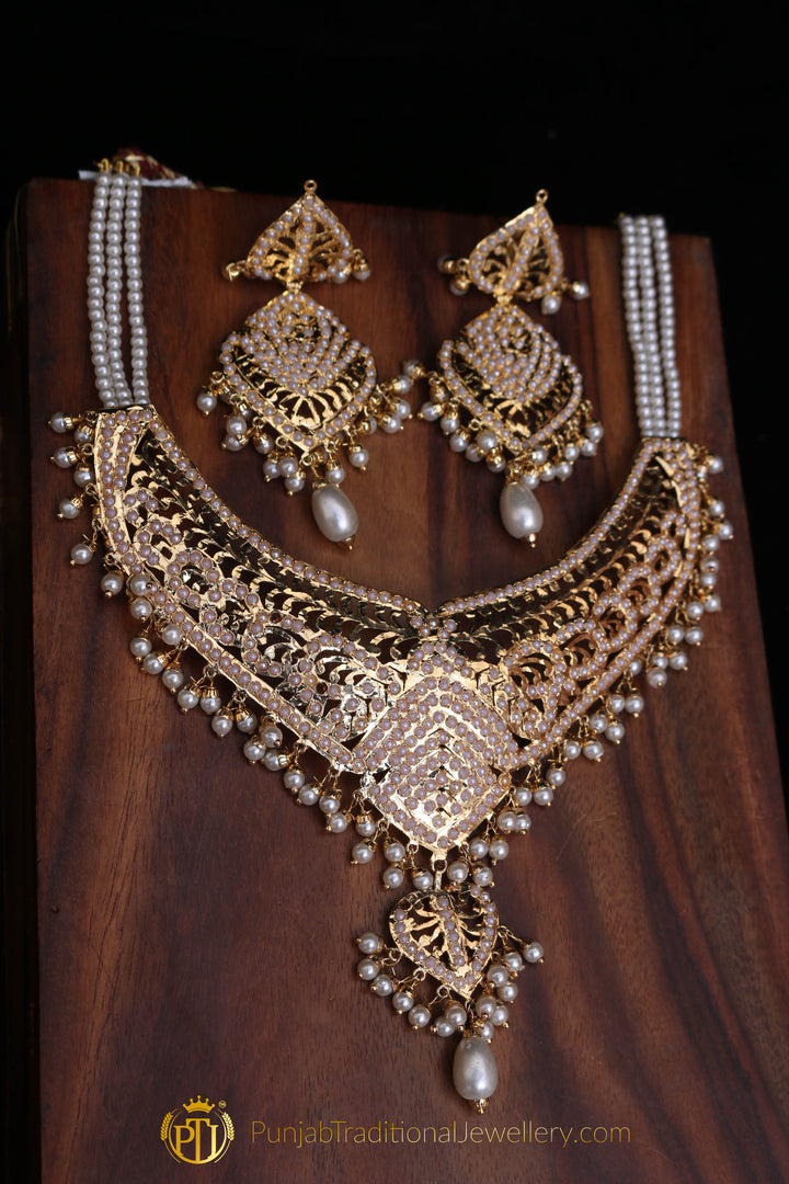 Golden Jadau Necklace Set By Punjabi Traditional Jewellery