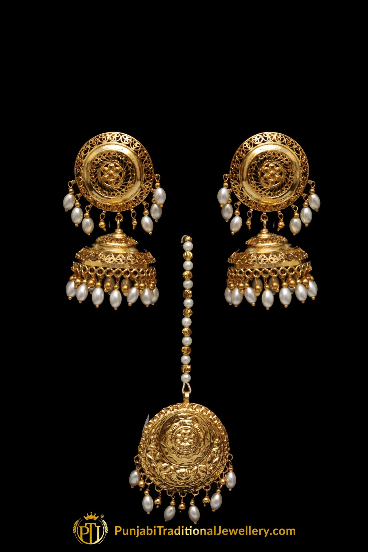Golden Jadau Earring Tikka Set By Punjabi Traditional Jewellery