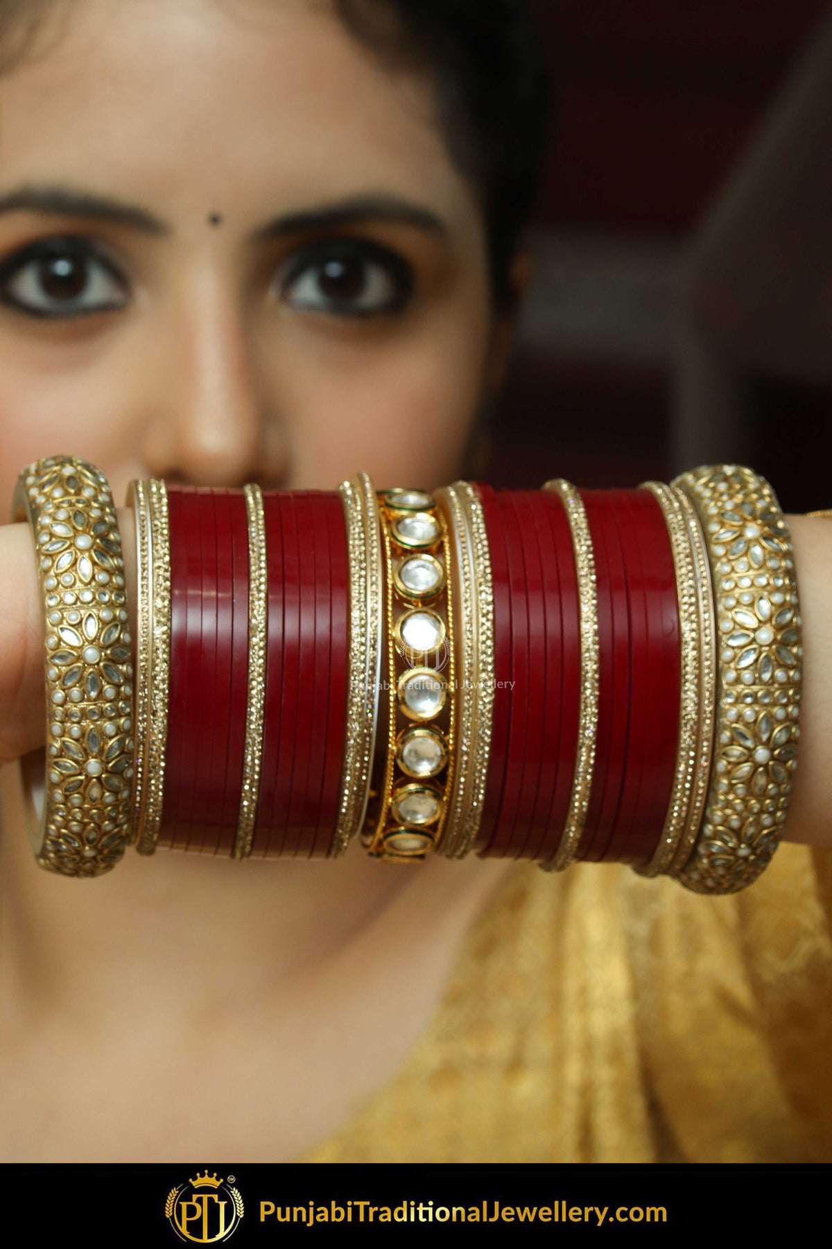 Gold Finished Kundan Maroon Bridal Chura | Punjabi Traditional Jewellery Exclusive