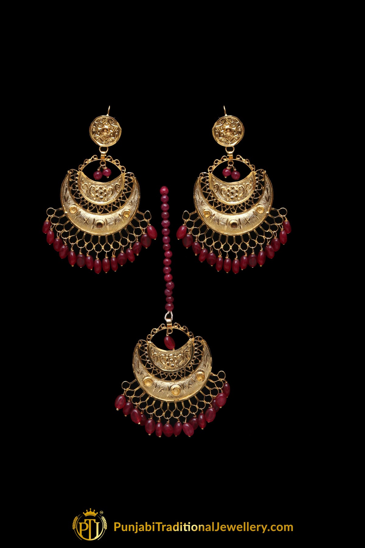 Red Gold Plated Earring Tikka Set By Punjabi Traditional Jewellery