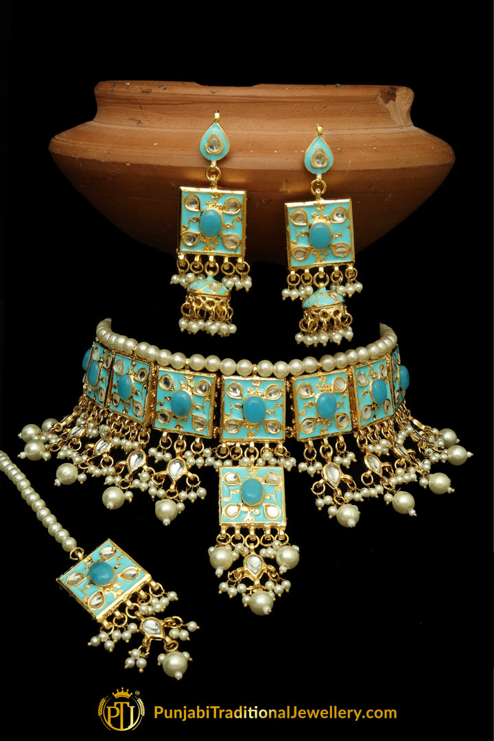 Firozi Meena Kundan Pearl Choker Necklace Set By Punjabi Traditional Jewellery