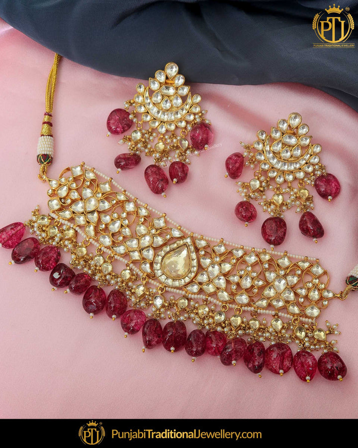 Gold Finished Rubby Kundan Choker Necklace Set | Punjabi Traditional Jewellery Exclusive