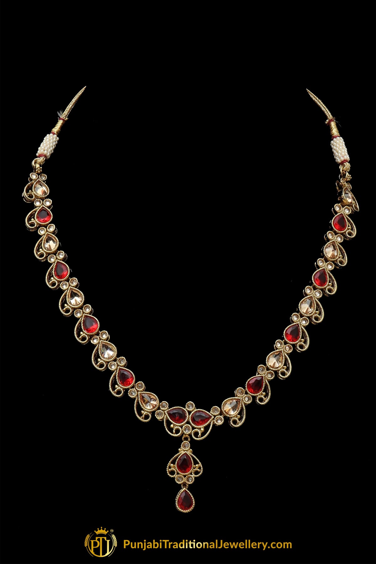 Red Champagne Stone Necklace Set By Punjabi Traditional Jewellery