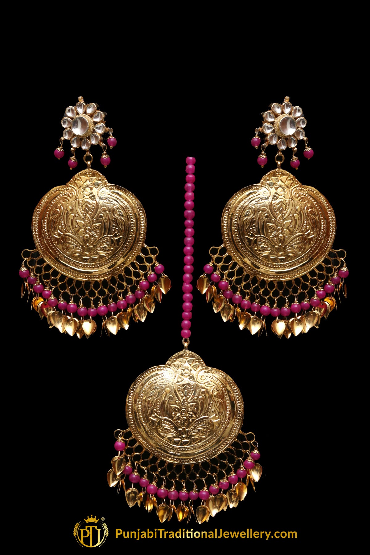 Pink Earring Tikka Set By Punjabi Traditional Jewellery