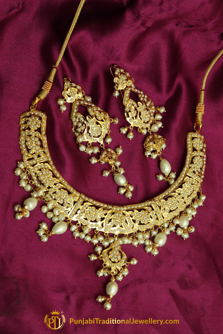 Golden Jadau Pearl Necklace Set By Punjabi Traditional Jewellery