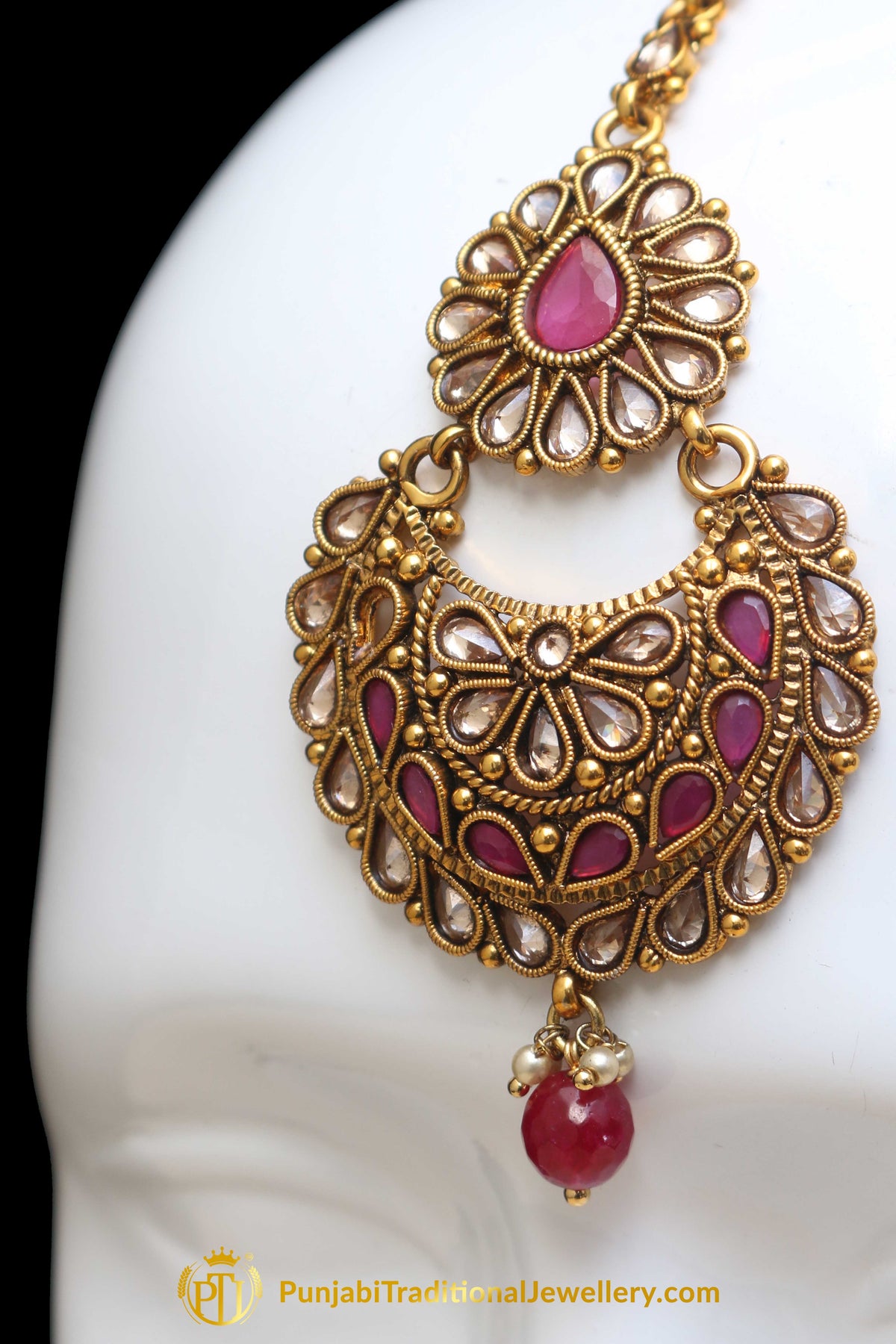 Champagne Stone Red Pearl Earring Tikka Set By Punjabi Traditional Jewellery
