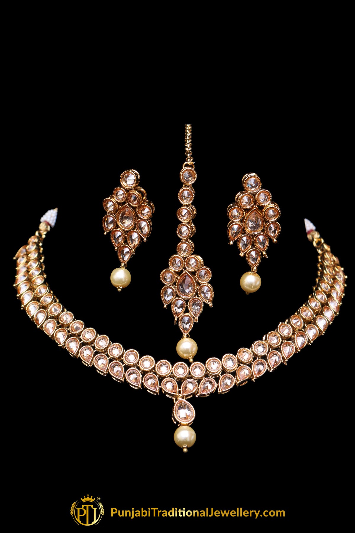 Pearl Champagne Stone Necklace Set By Punjabi Taditional Jewellery