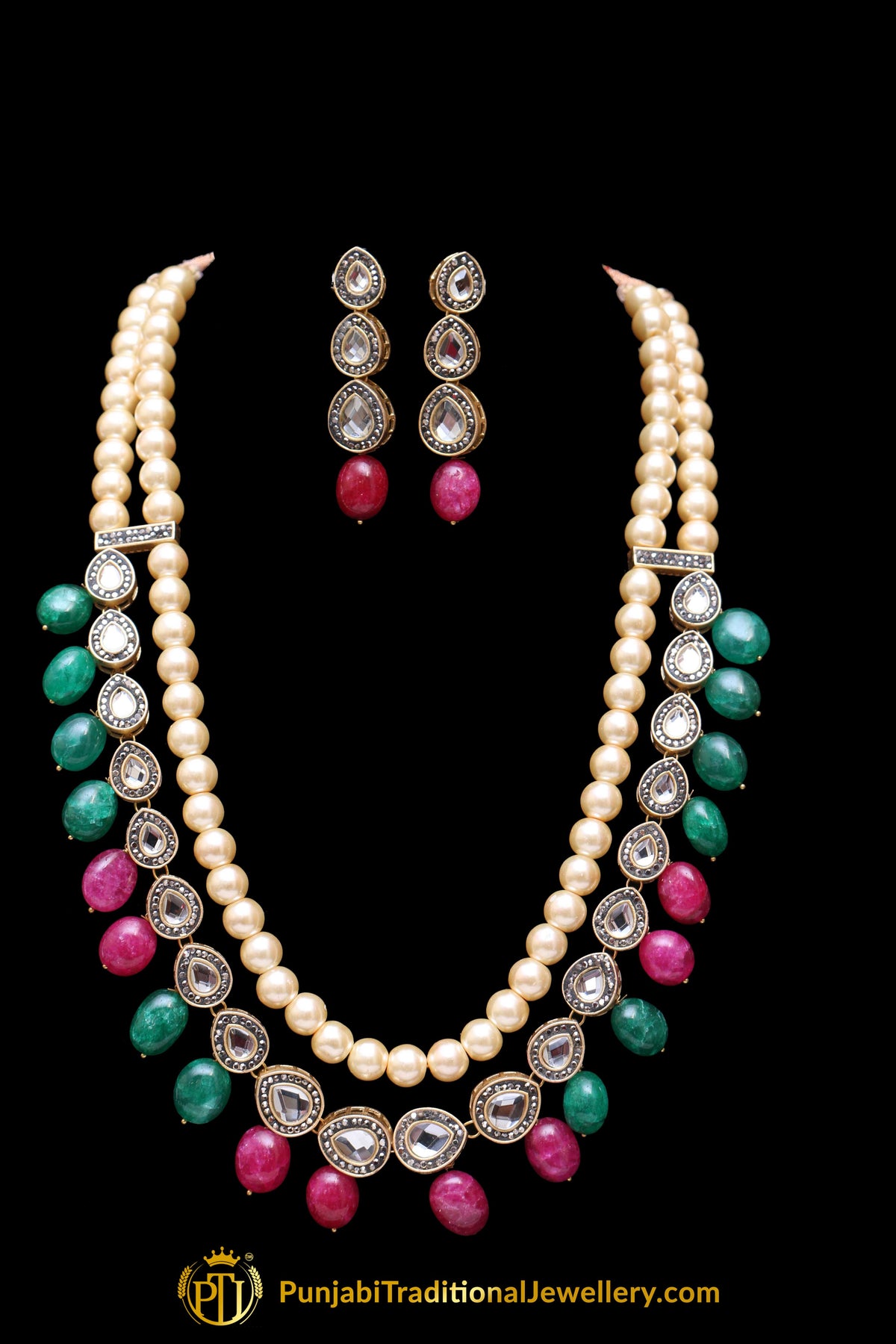Green Red Polki Pearl Necklace Set By Punjabi Traditional Jewellery