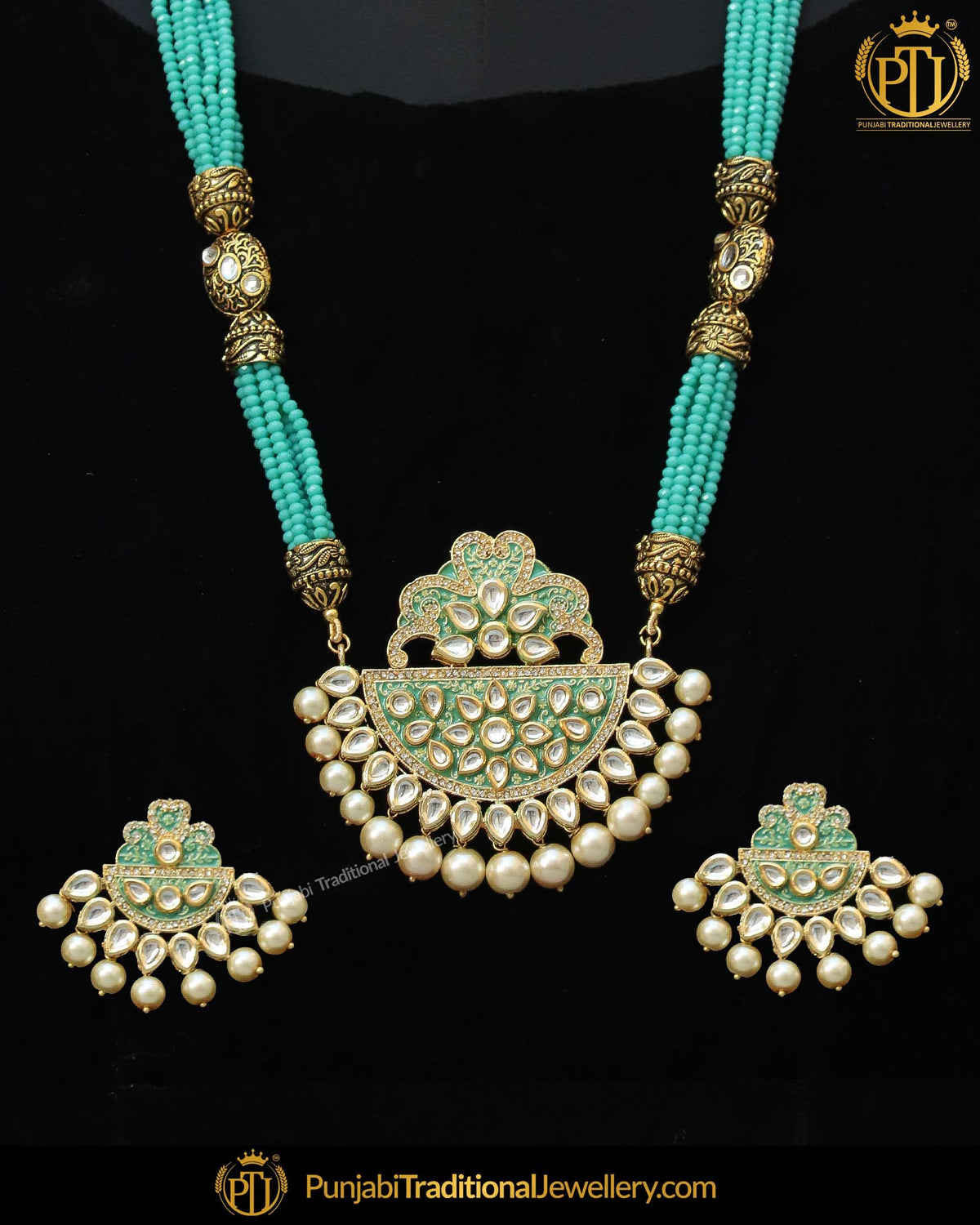 Gold Finished Firozi Kundan Long Pearl Necklace Set | Punjabi Traditional Jewellery Exclusive