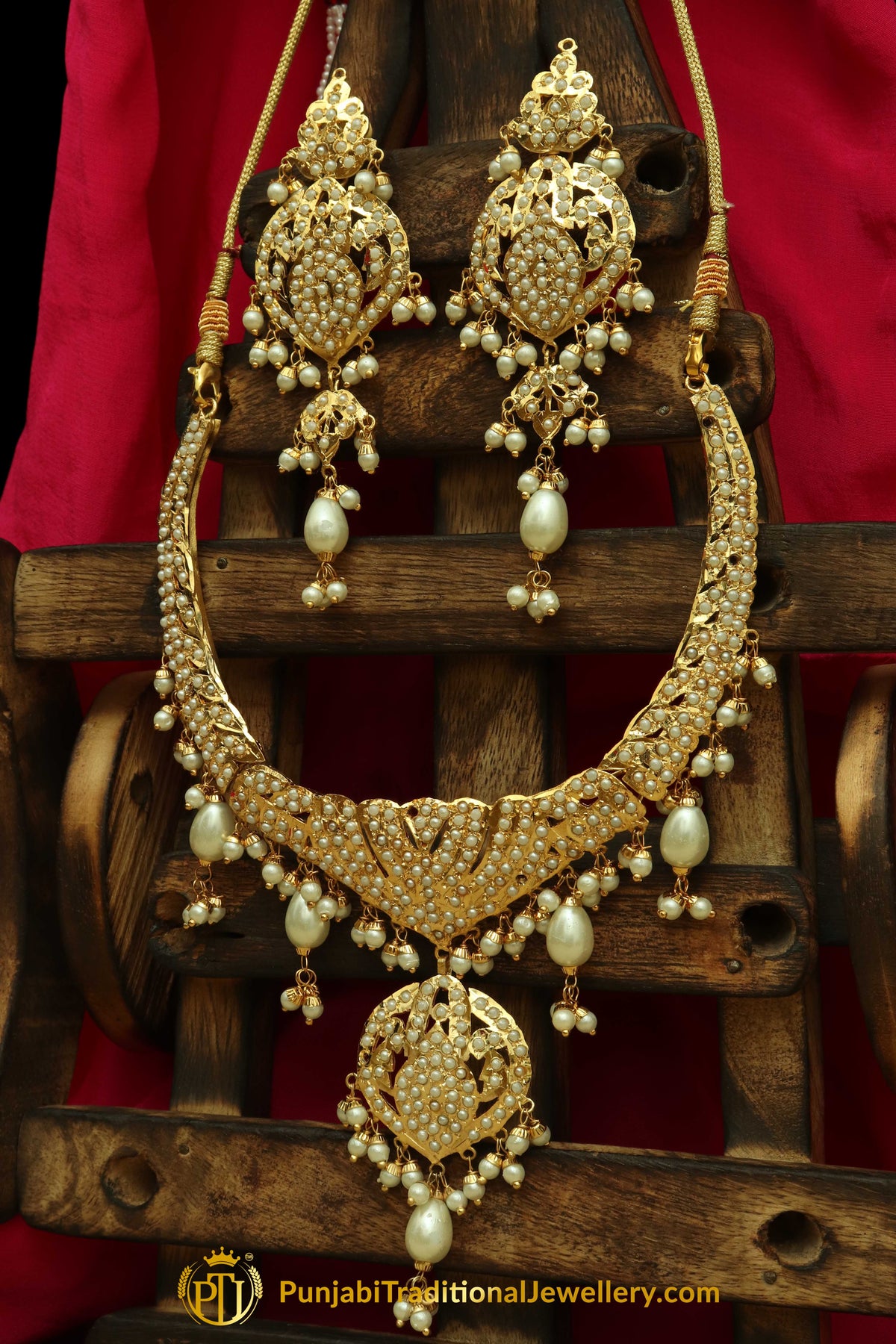 Golden Jadau Pearl Necklace Set By Punjabi Traditional Jewellery