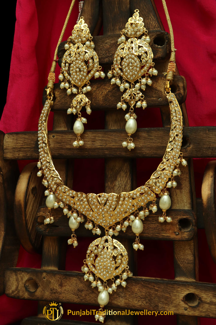 Golden Jadau Pearl Necklace Set By Punjabi Traditional Jewellery