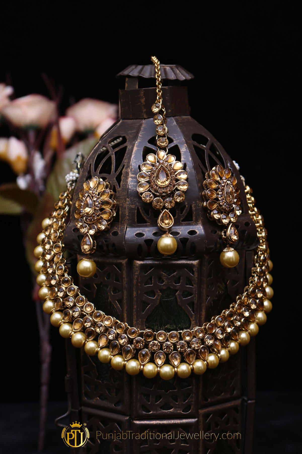 Golden Kundan Necklace Set By Punjabi Traditional Jewellery