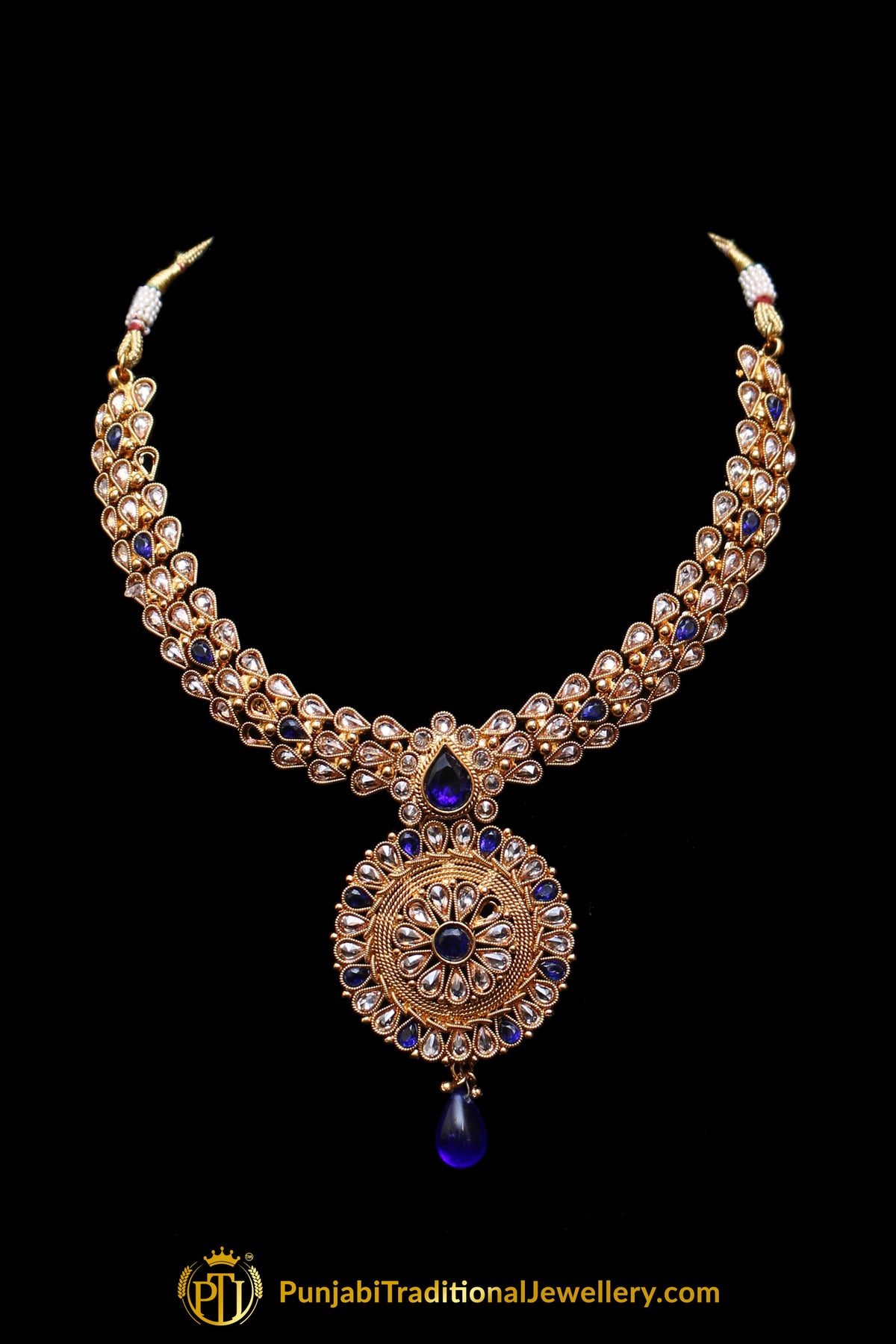 Blue Polki Necklace Set By Punjabi Traditional Jewellery