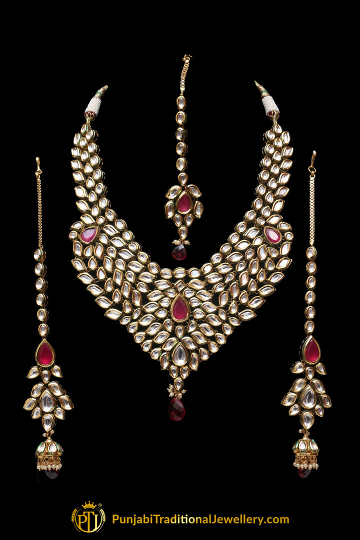 Red Kundan Necklace Set With Sahare Earrings By Punjabi Traditional Jewellery