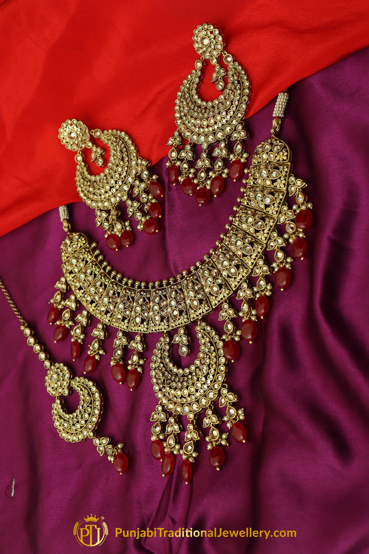 Red Polki Champagne Stone Necklace Set By Punjabi Taditional Jewellery