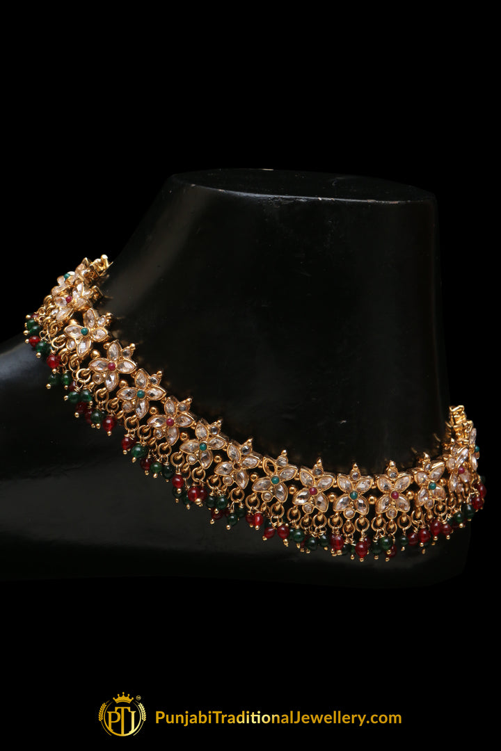 Red &  Green Antique Gold, Polki Payal By Punjabi Traditional Jewellery
