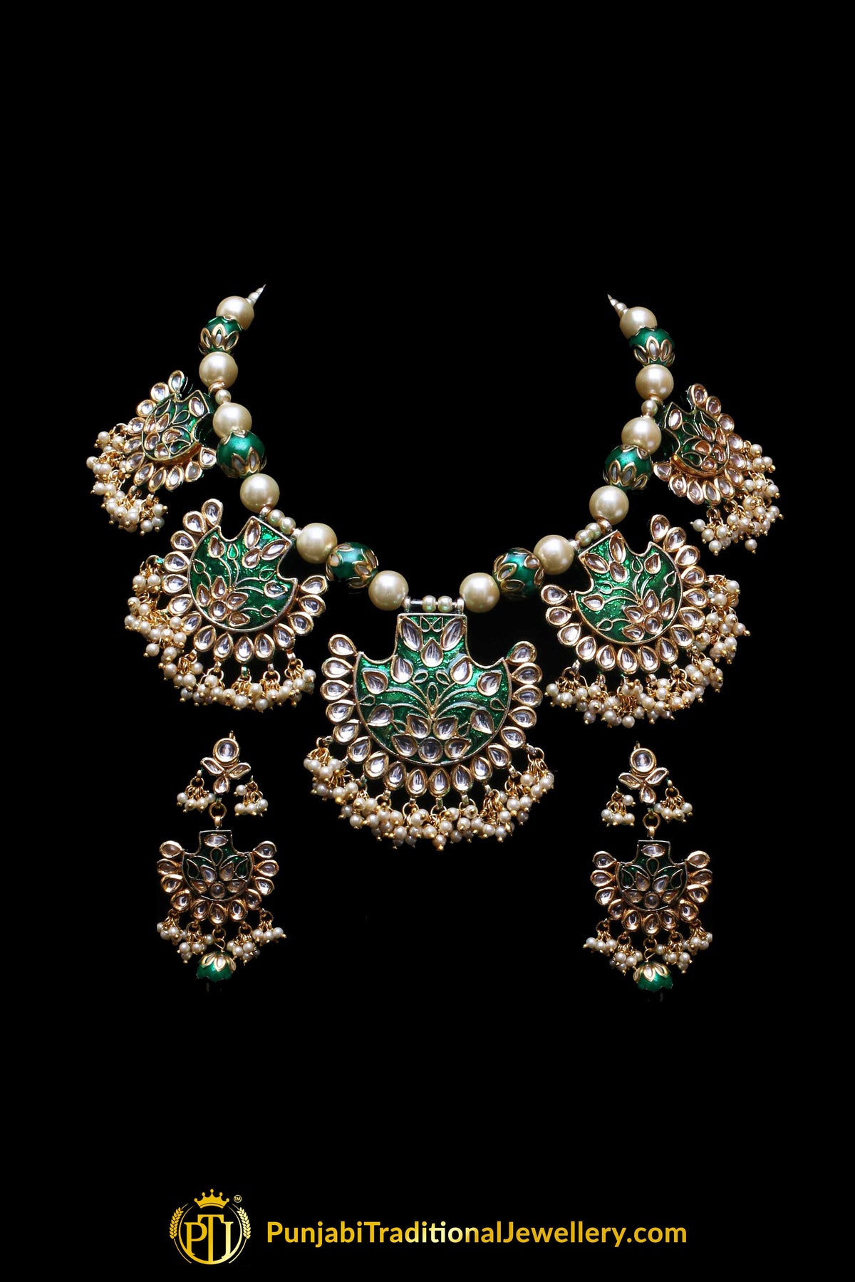 Green Kundan Mala Meena Necklace Set By Punjabi Traditional Jewellery