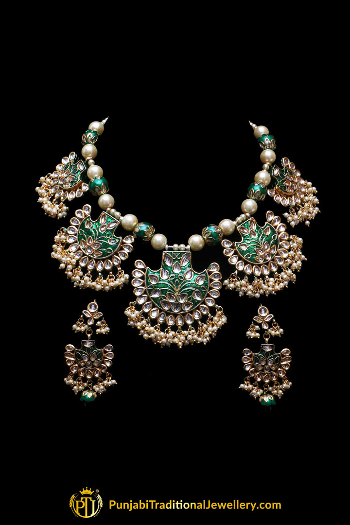 Green Kundan Mala Meena Necklace Set By Punjabi Traditional Jewellery