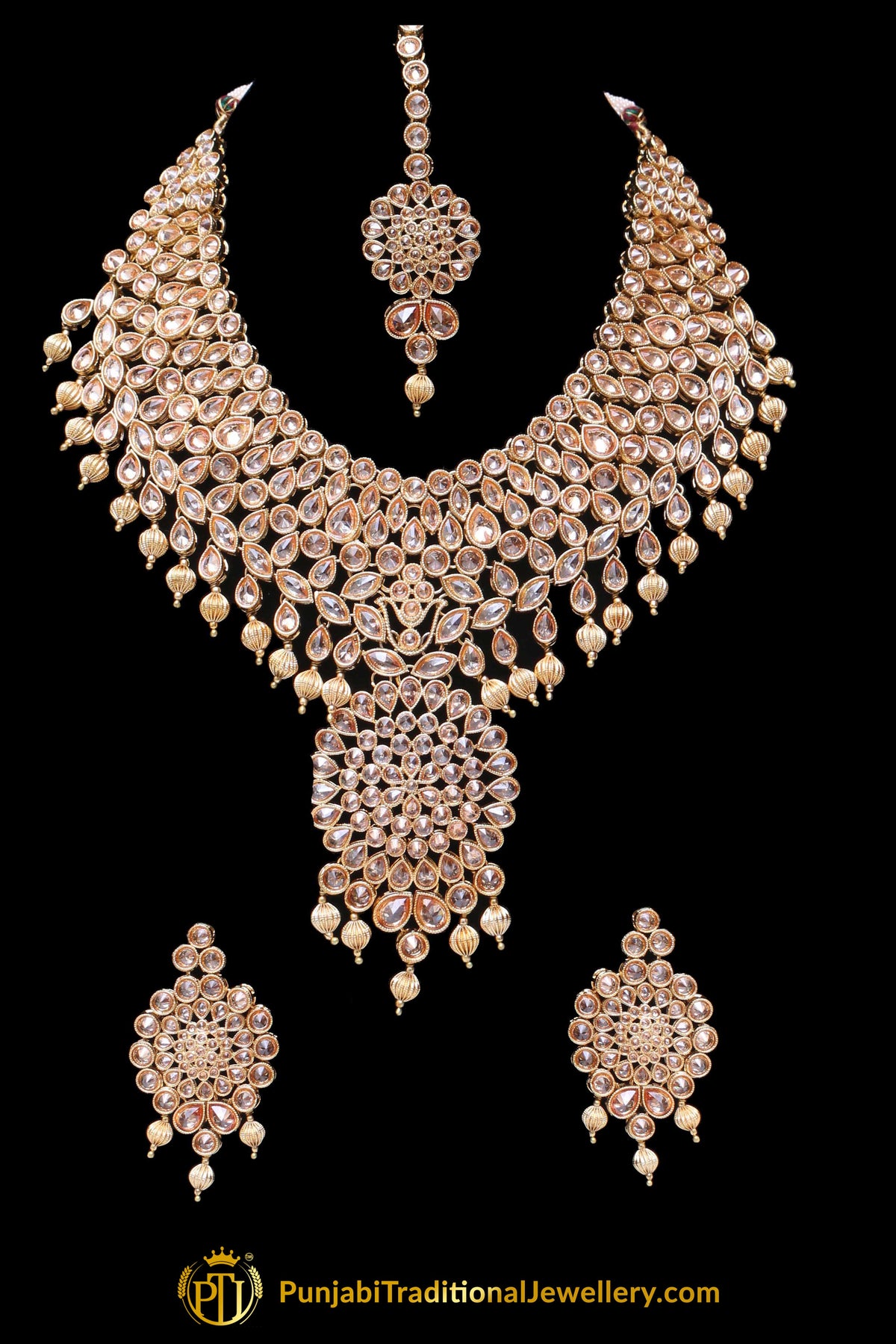 Pearl Champagne Stone Necklace Set By Punjabi Taditional Jewellery