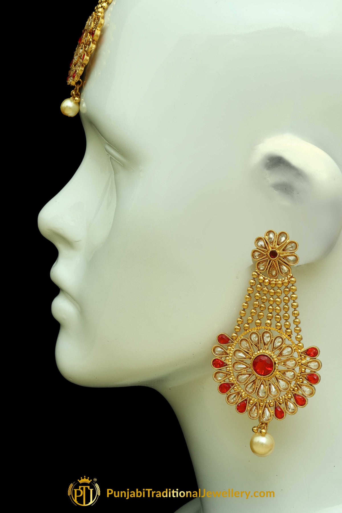 Red Polki Earring Tikka Set By Punjabi Traditional Jewellery