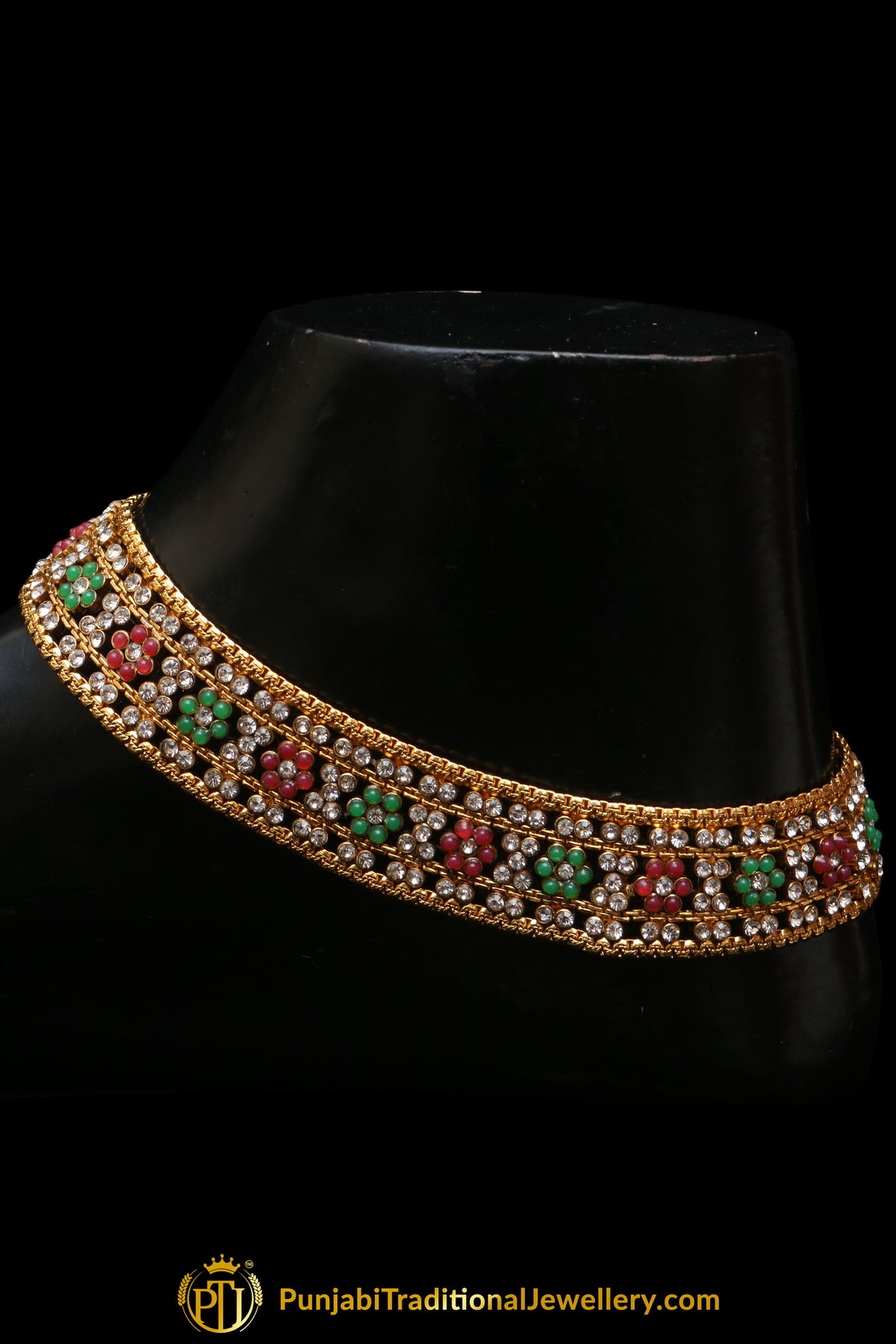Red &  Green Antique Gold, Polki Payal By Punjabi Traditional Jewellery