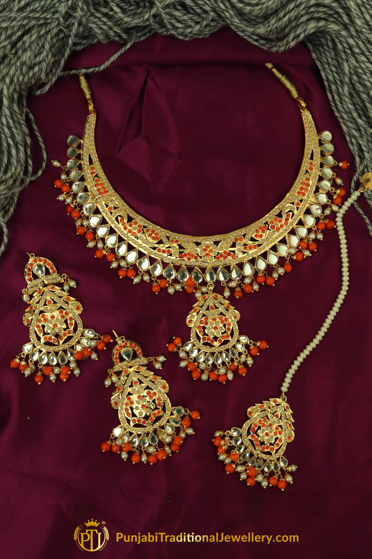 Orange Kundan Jadau Necklace Set By Punjabi Traditional Jewellery
