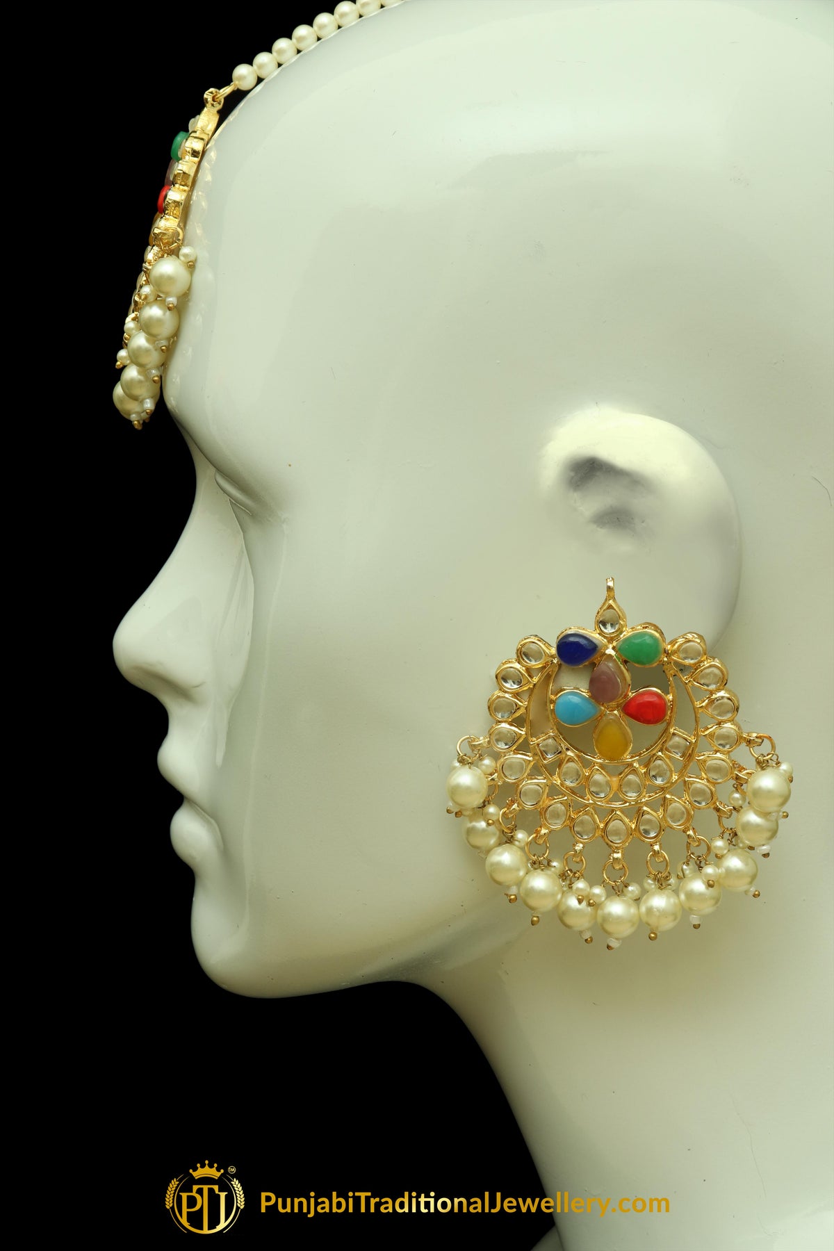 Multi Kundan Stud Earrings & Tikka Set By Punjabi Traditional Jewellery