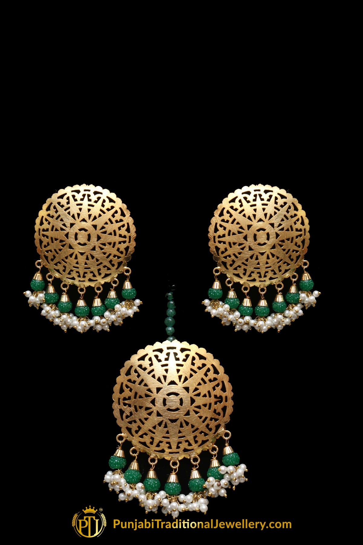 Emerald Stud Earrings & Tikka Set By Punjabi Traditional Jewellery