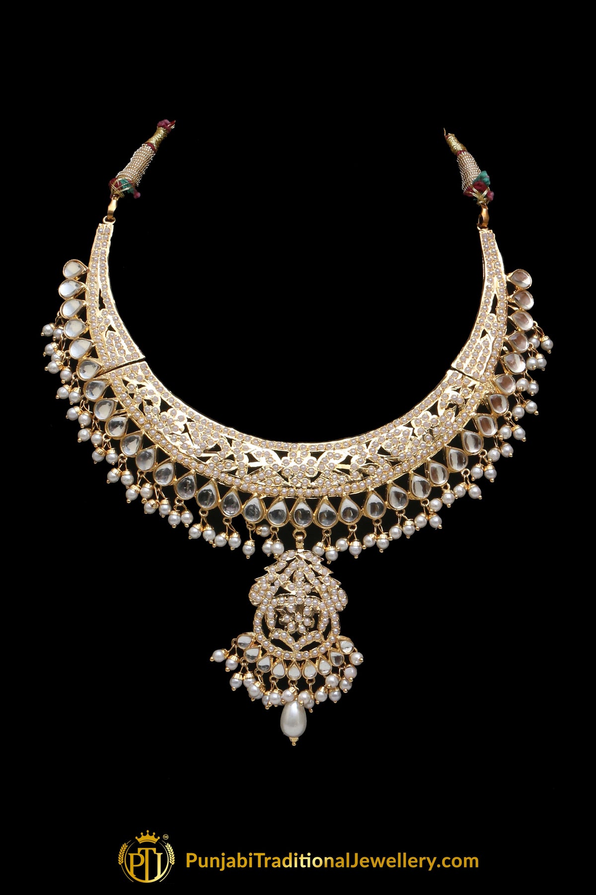 Golden Jadau Pearl Kundan Necklace Set By Punjabi Taditional Jewellery