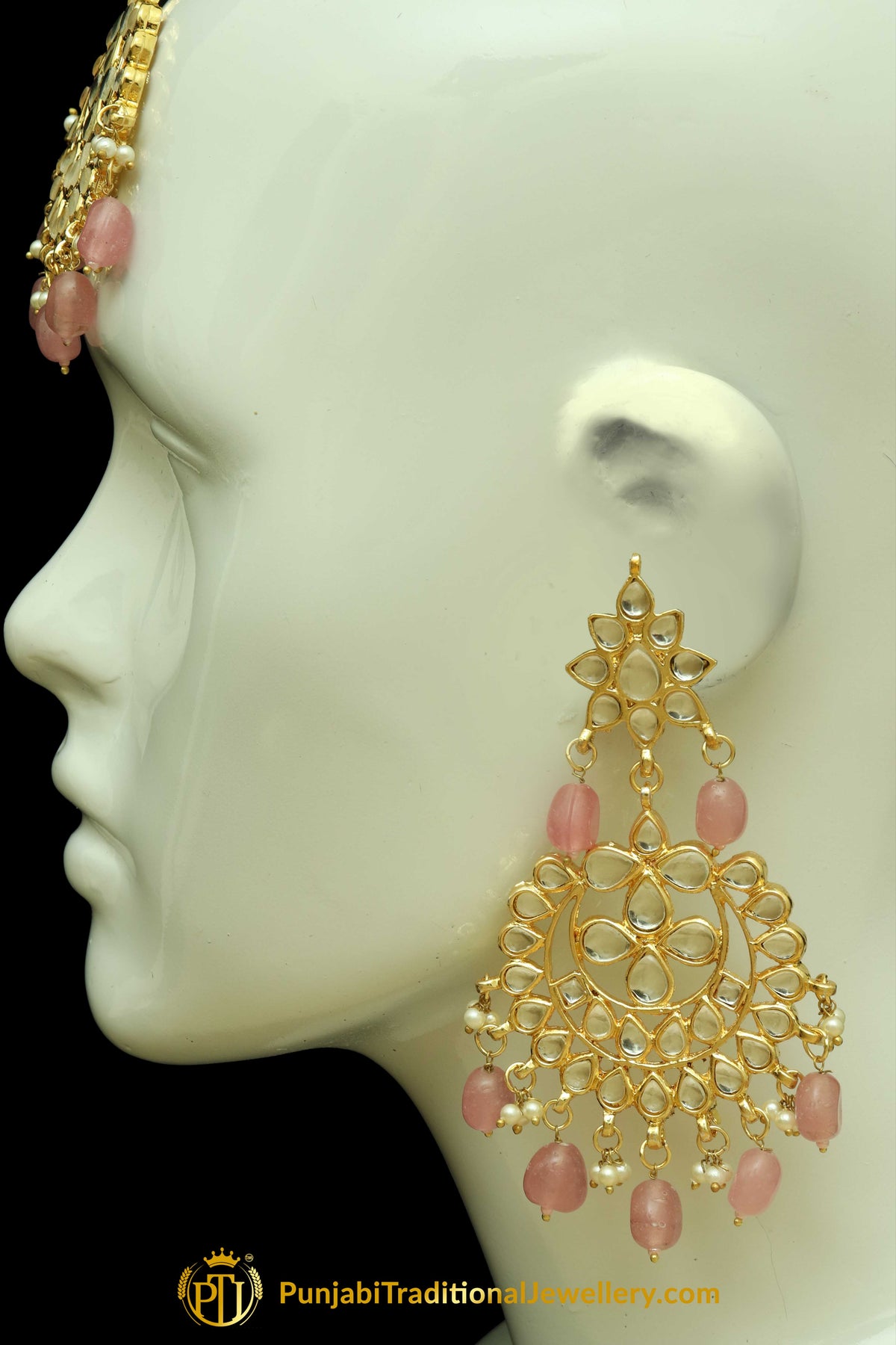 Pink Kundan Earring Tikka Set By Punjabi Traditional Jewellery