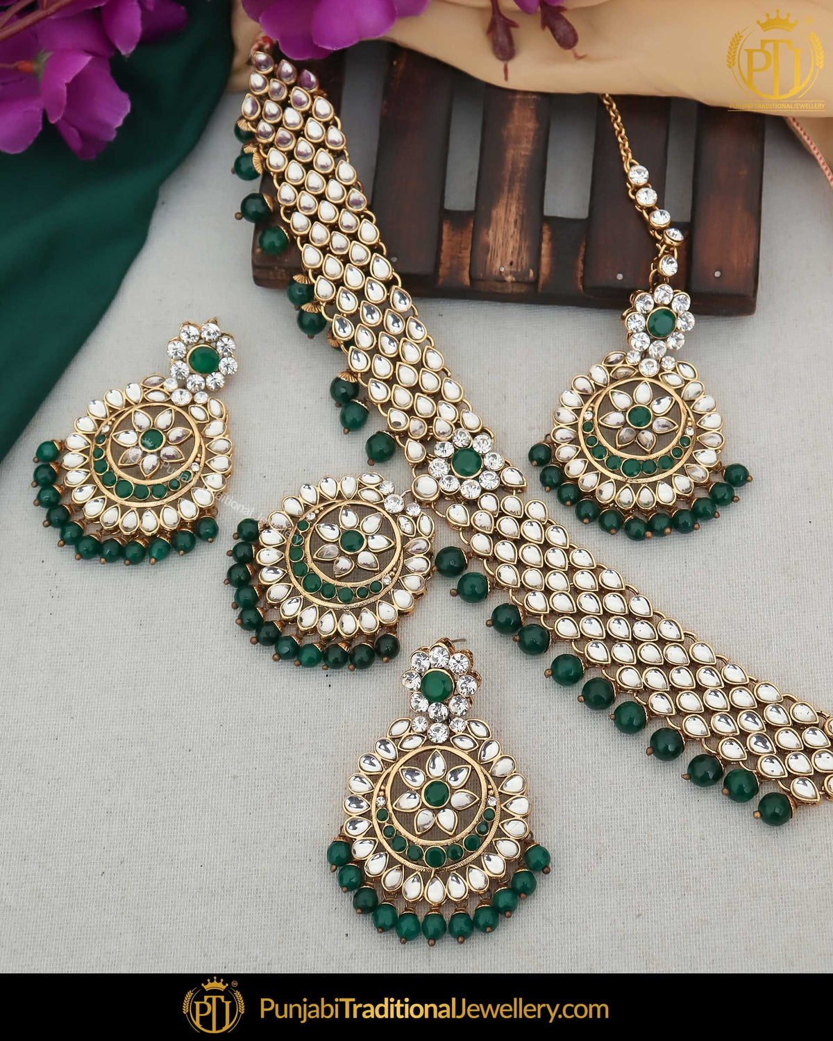 Gold Finished Kundan Emerlad Pearl Choker Necklace Set | Punjabi Traditional Jewellery Exclusive