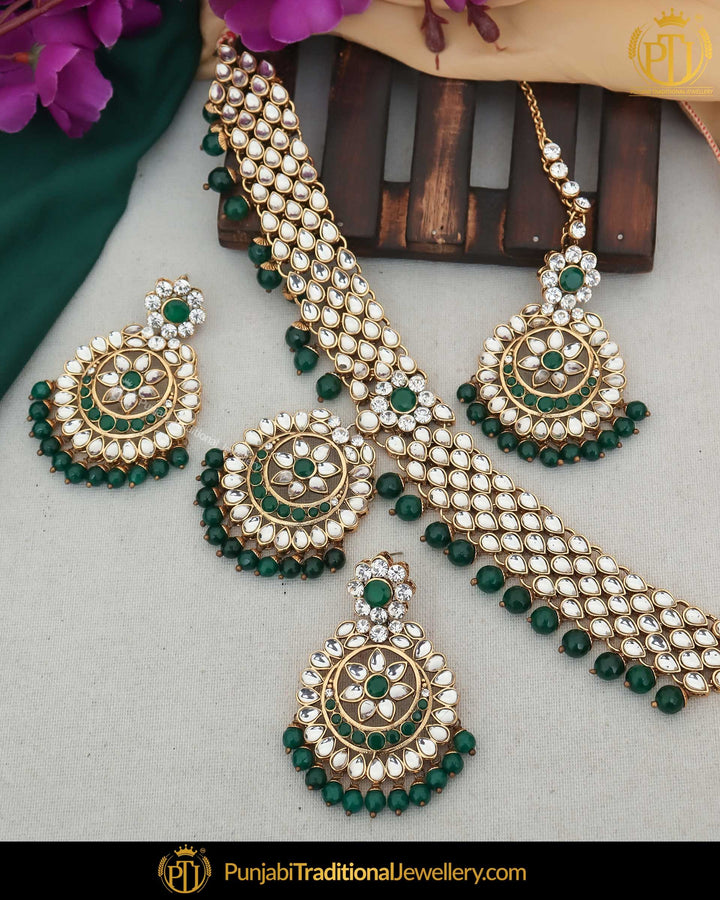 Gold Finished Kundan Emerlad Pearl Choker Necklace Set | Punjabi Traditional Jewellery Exclusive