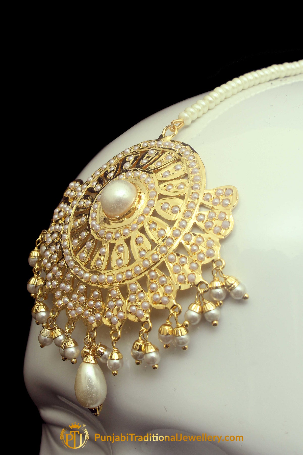 Golden Jadau Pearl Earring Tikka Set By Punjabi Traditional Jewellery