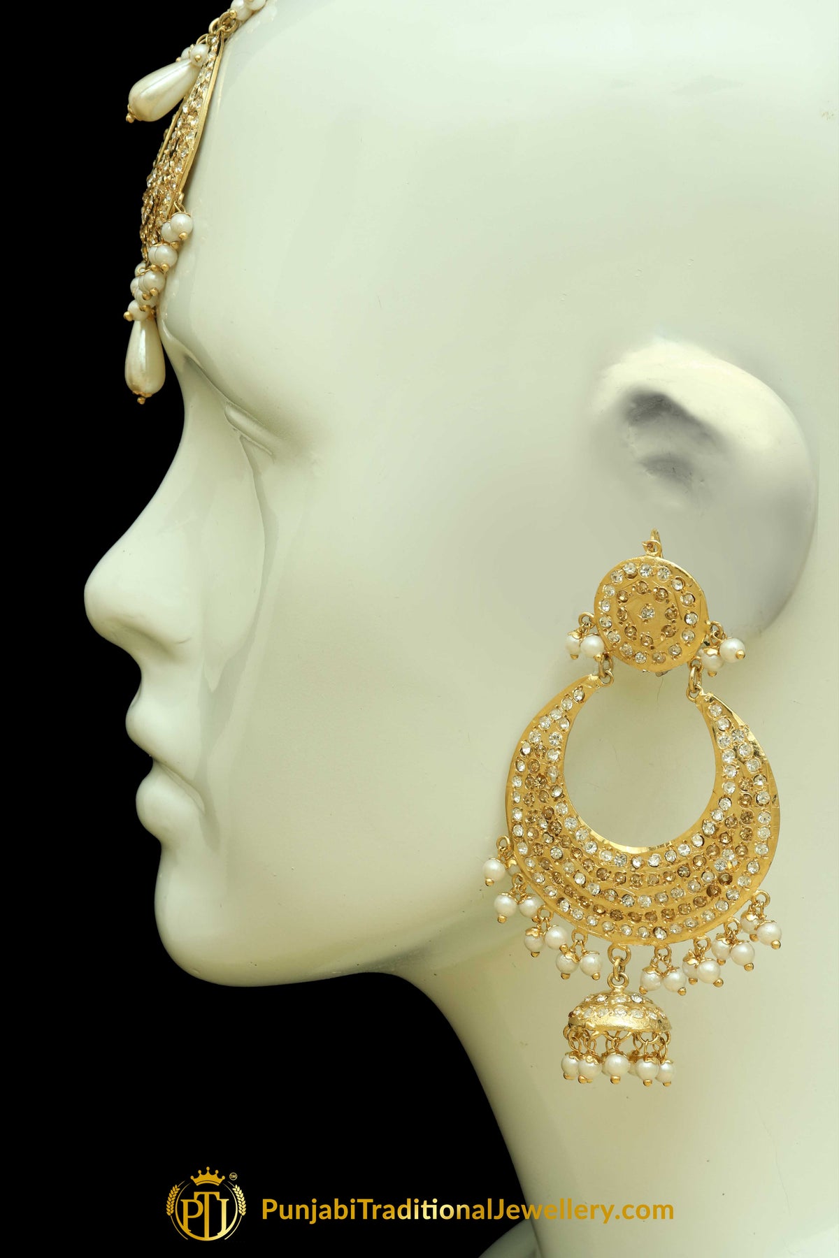 Golden Jadau Pearl Earring Tikka Set By Punjabi Traditional Jewellery