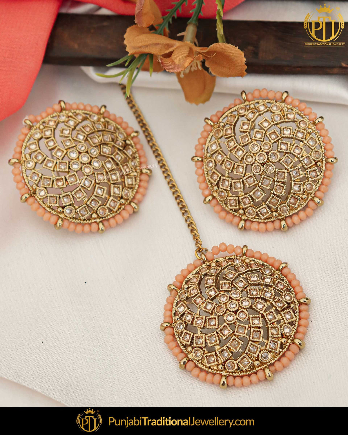Gold Finished Peach Champagne Stone Stud Earring Tikka Set | Punjabi Traditional Jewellery Exclusive