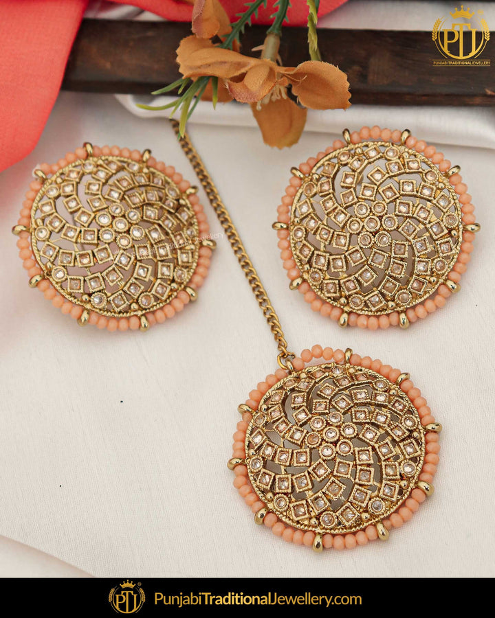 Gold Finished Peach Champagne Stone Stud Earring Tikka Set | Punjabi Traditional Jewellery Exclusive