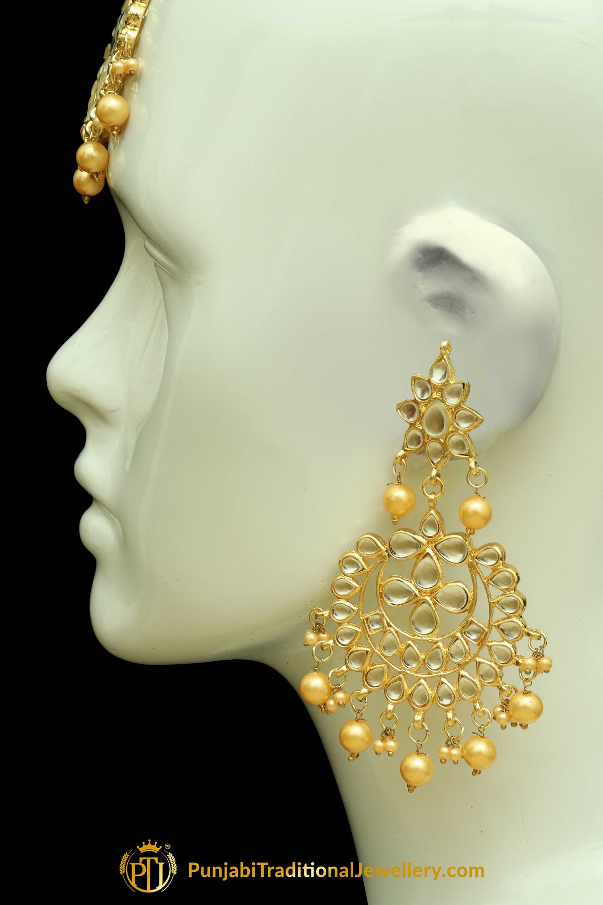 Golden Kundan Earring Tikka Set By Punjabi Traditional Jewellery