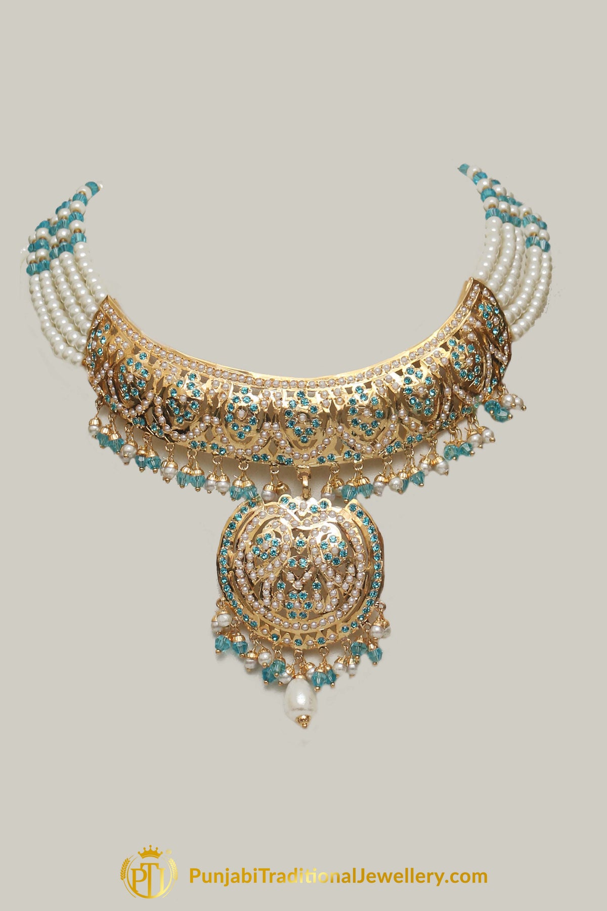 Firozi Pearl Jadau Necklace Set By Punjabi Traditional Jewellery