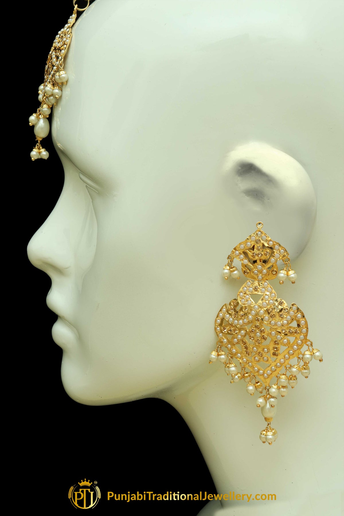 Golden Jadau Pearl Earring Tikka Set By Punjabi Traditional Jewellery