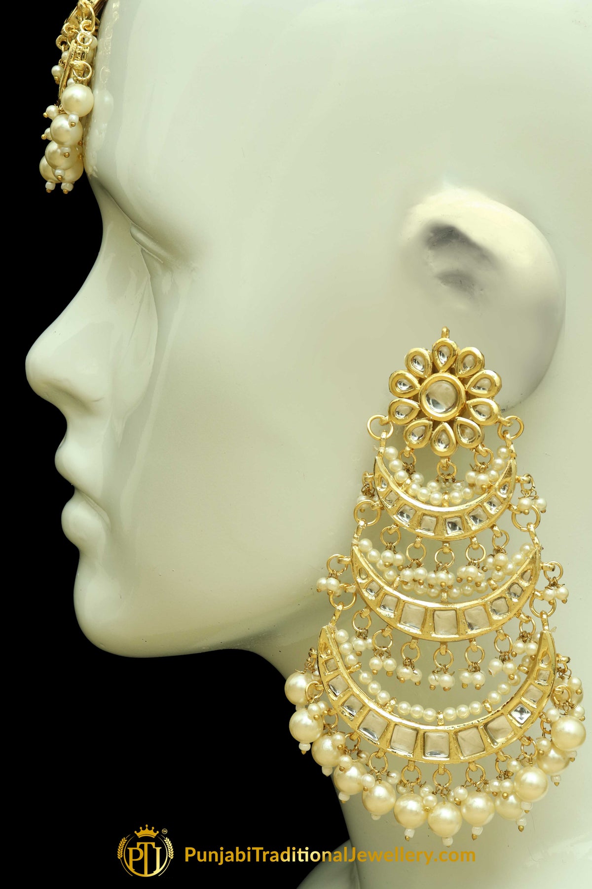 Golden Kundan Earring Tikka Set By Punjabi Traditional Jewellery