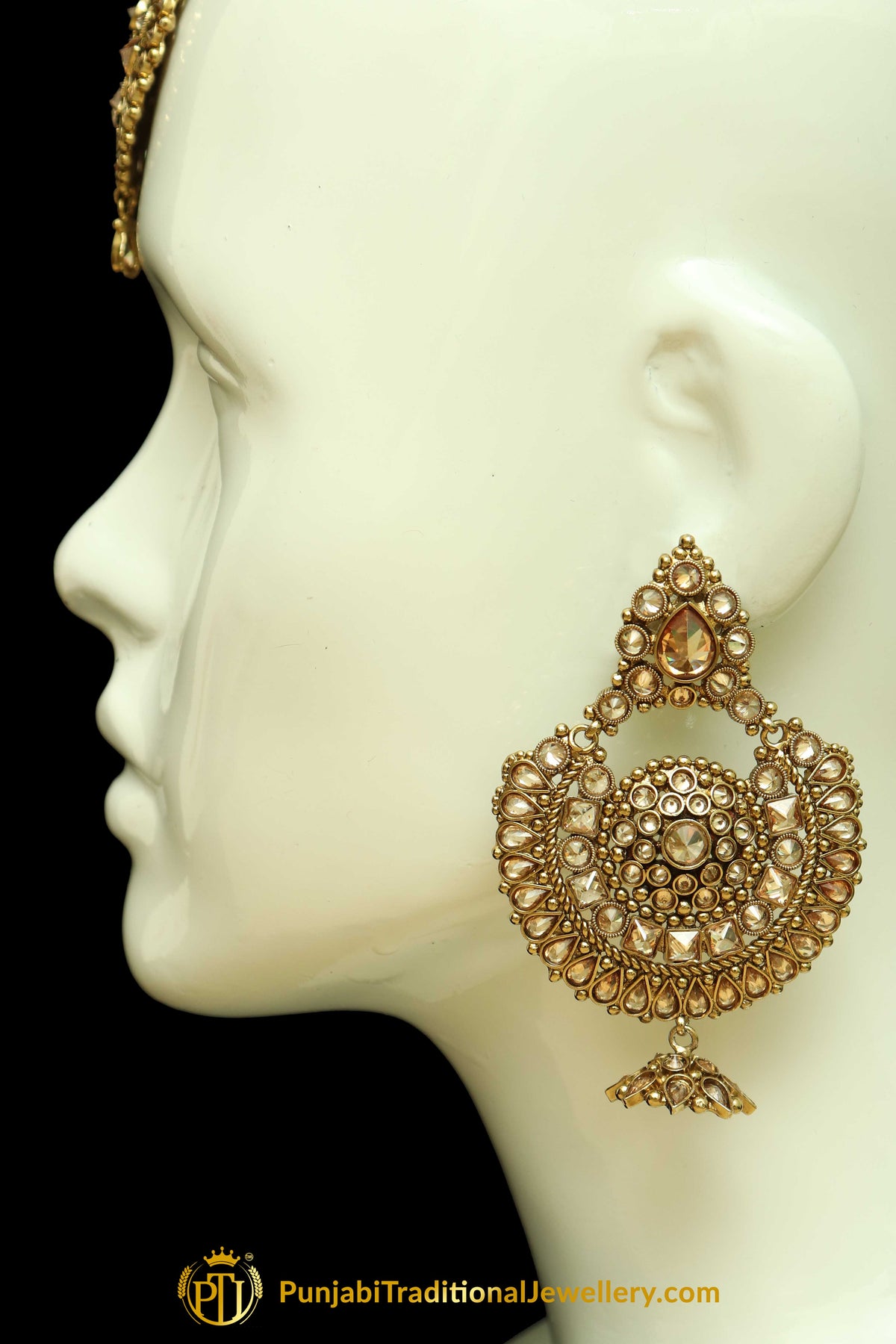Gold Finished Champagne Stone Earring Tikka Set By Punjabi Traditional Jewellery