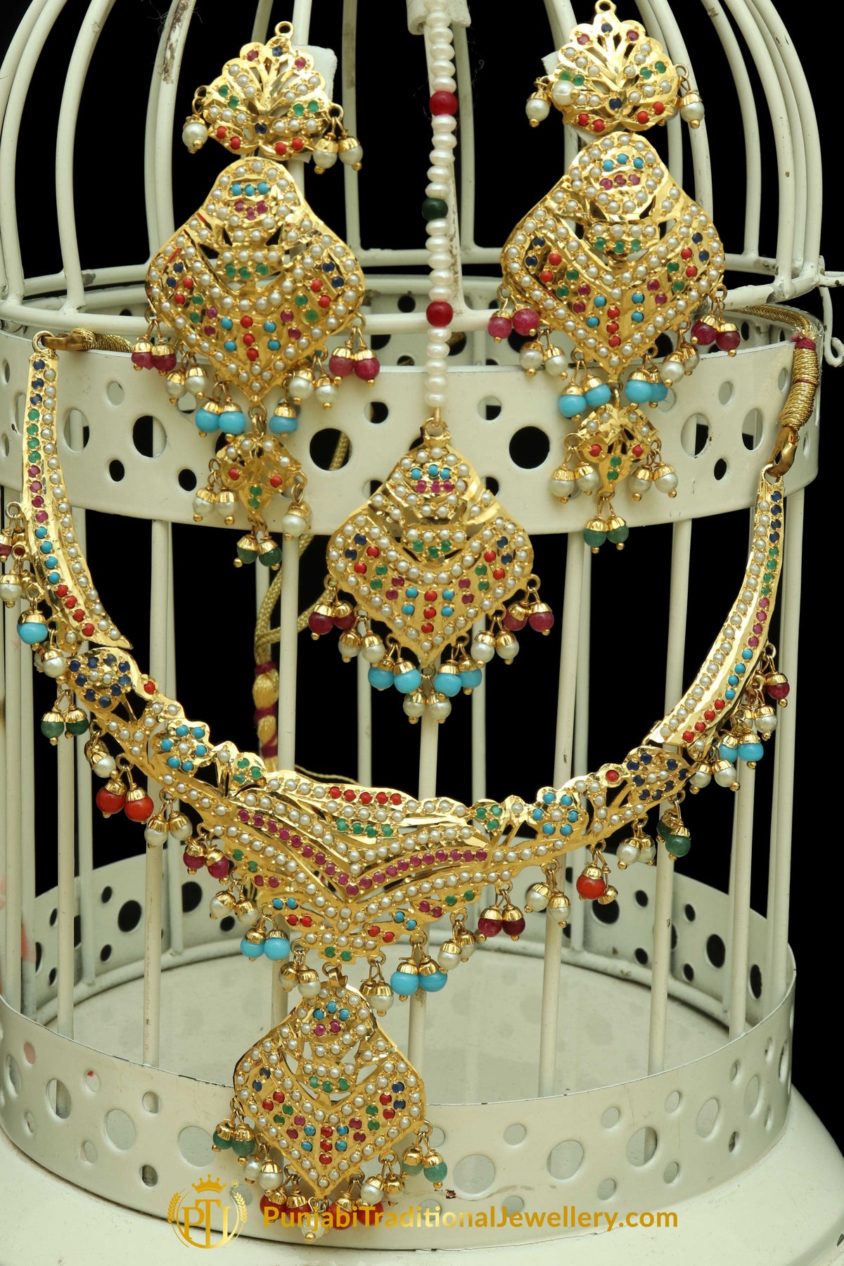 Multi Jadau Necklace Set By Punjabi Traditional Jewellery