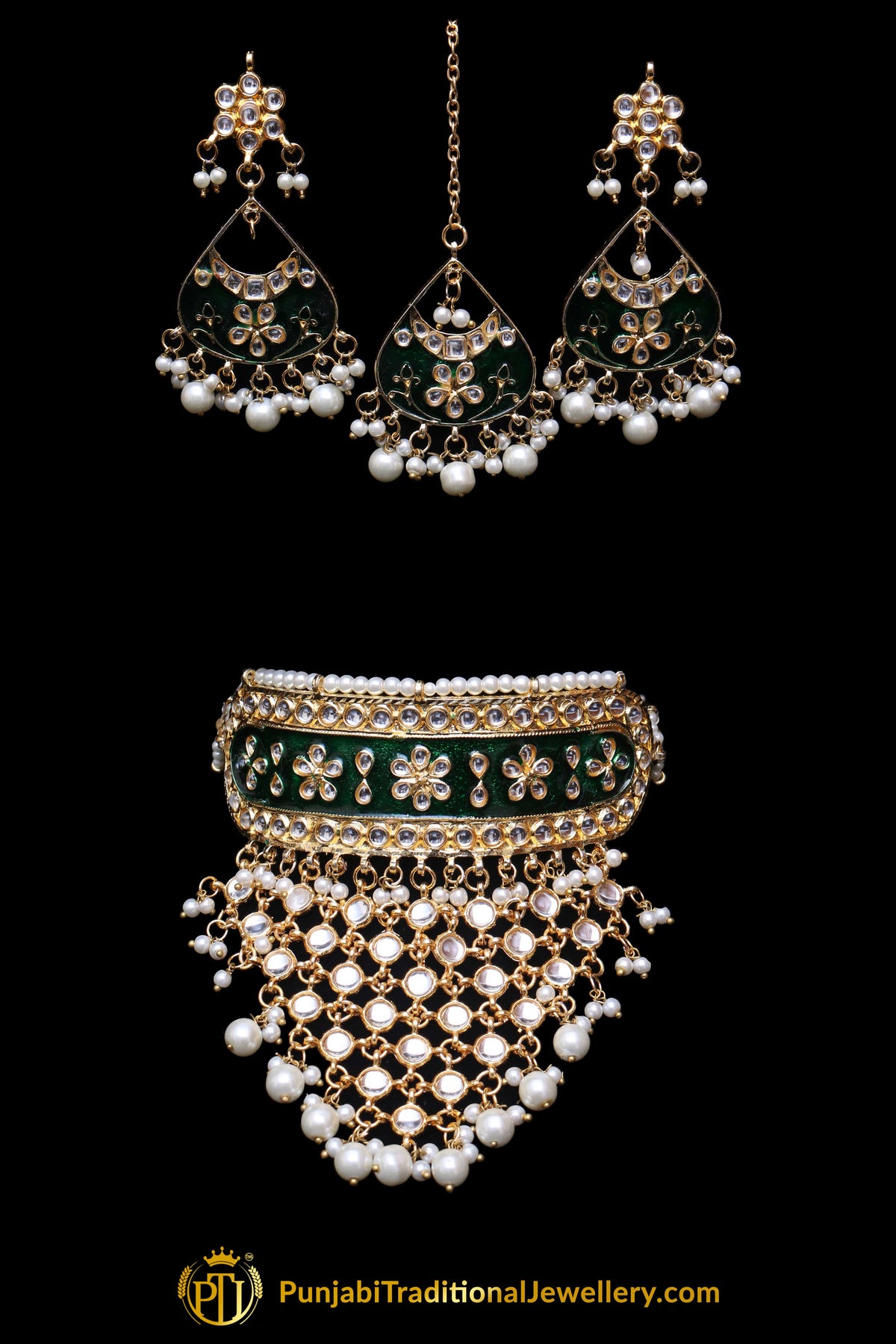 Arman Green Choker Pearl Kundan Meena Necklace Set By Punjabi Traditional Jewellery