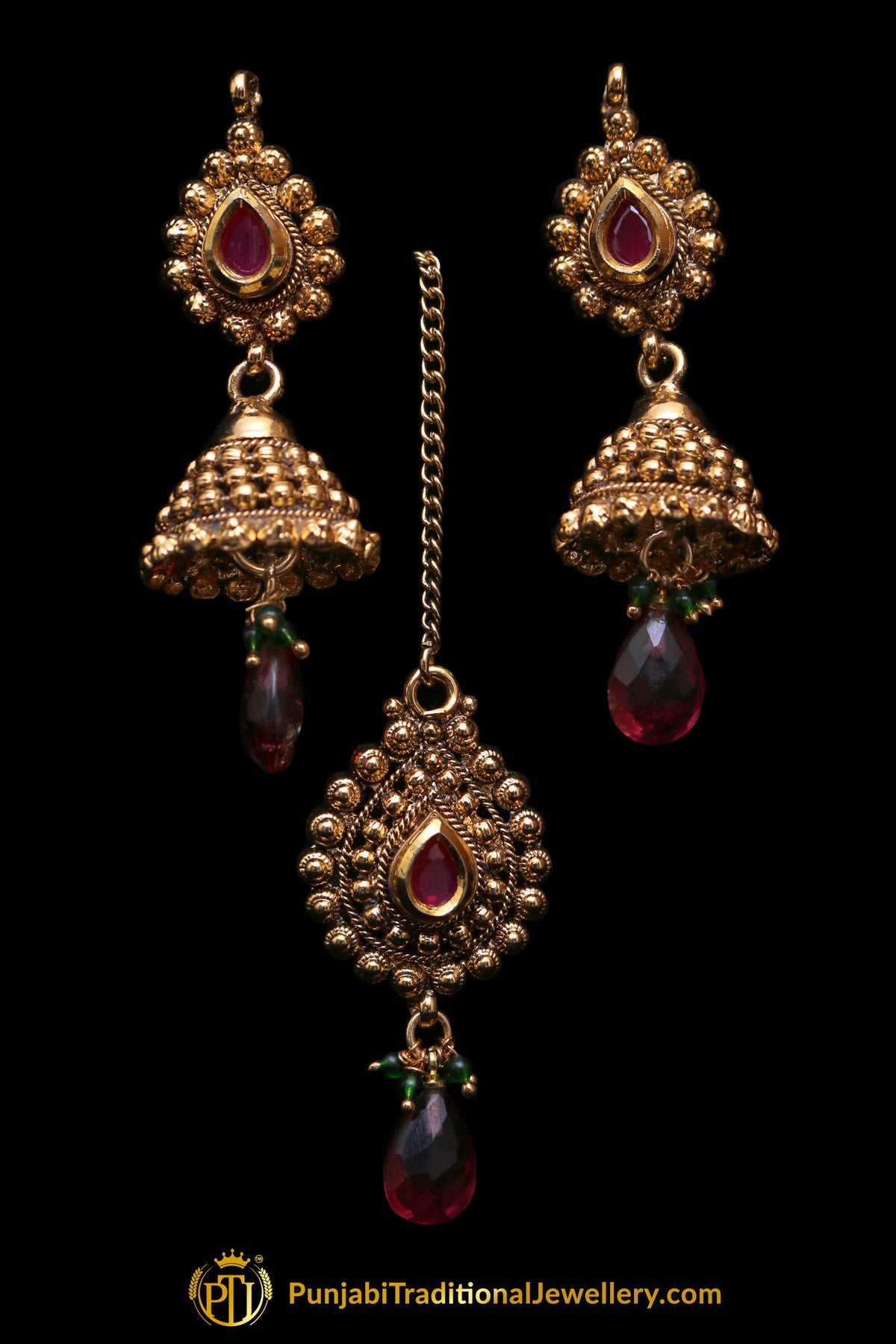 Noor Maroon & Green Antique Gold Polki Necklace Set By Punjabi Traditional Jewellery