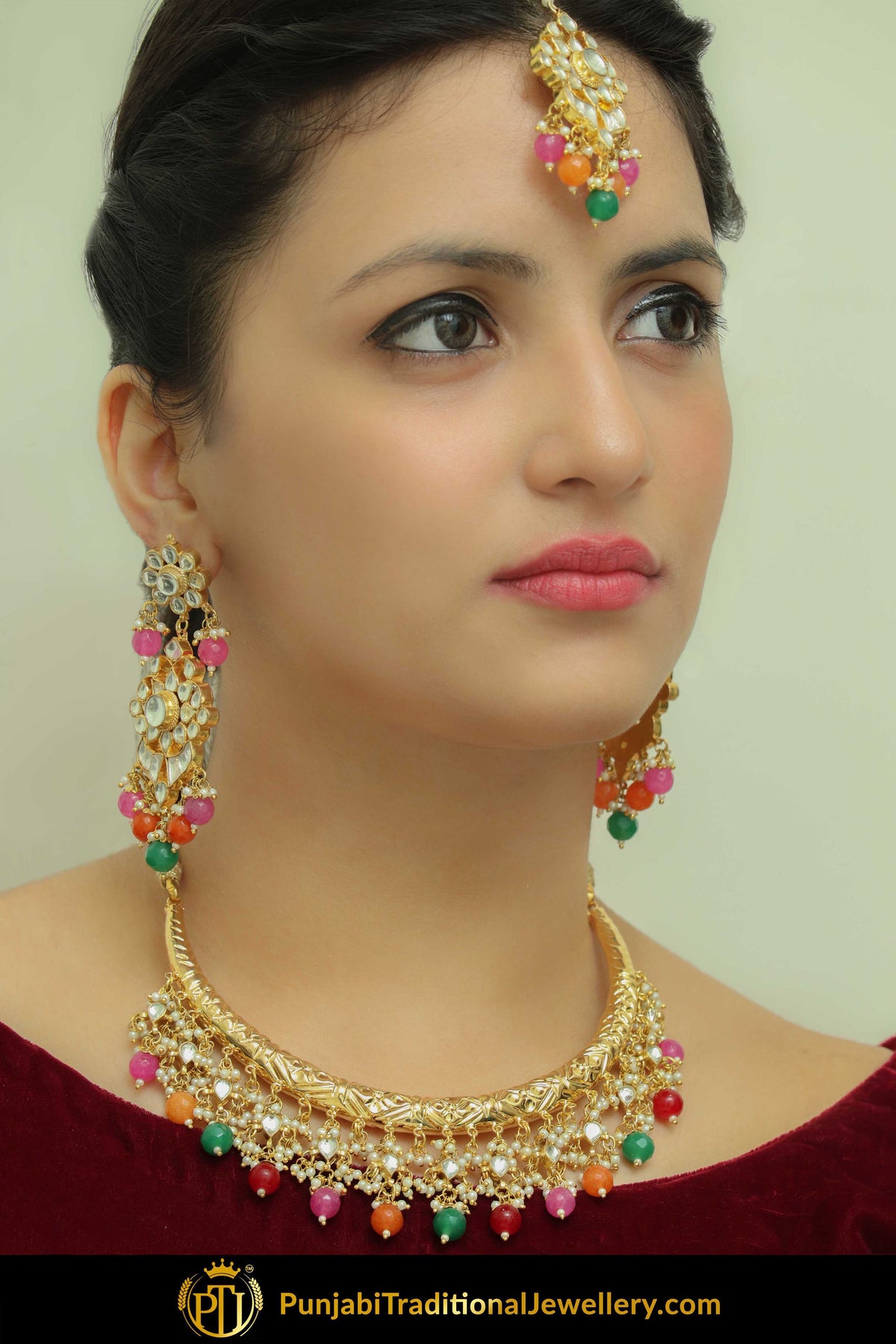 Hayrah Gold Finished Navratan Hasli Necklace, Tikka & Earrings | Punjabi Traditional Jewellery Exclusive
