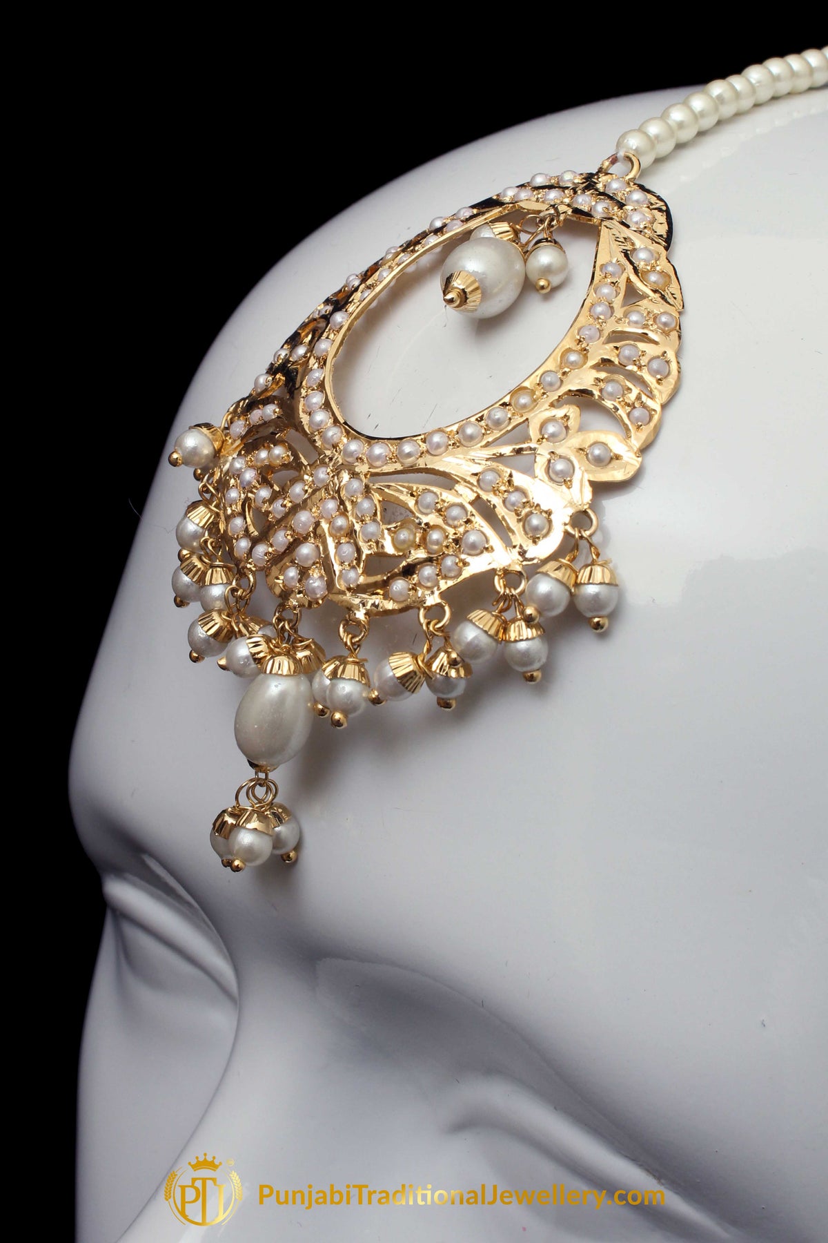 Golden Jadau Pearl Earring Tikka Set By Punjabi Traditional Jewellery