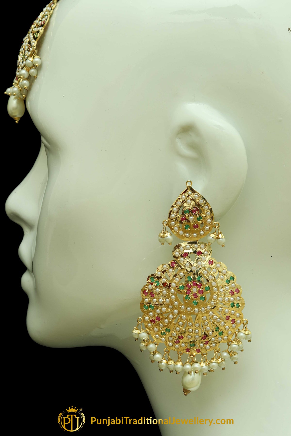 Gold Finished Navratan Jadau Earring Tikka Set By Punjabi Traditional Jewellery